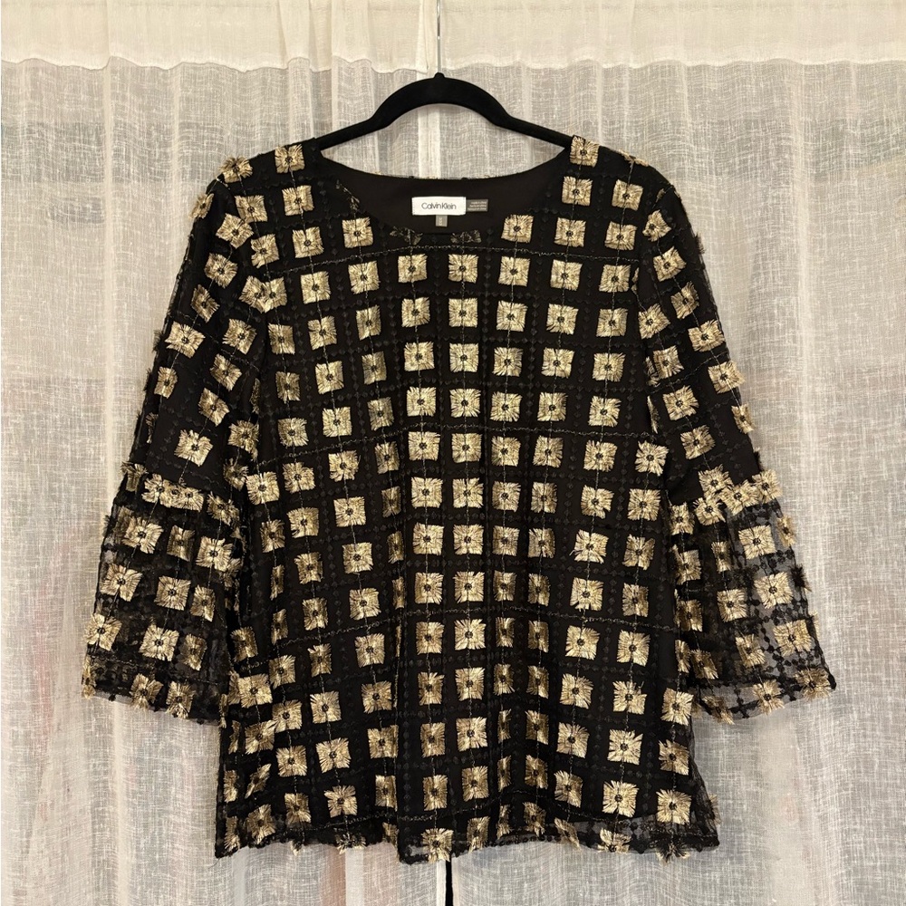 Calvin Klein Black and Gold Checkered Blouse